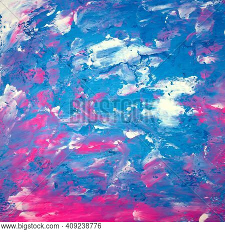 Handmade, Hand Drawn. Blue, Pink, White, Pastel Grunge Acrylic Colors Abstract Texture Painting On C
