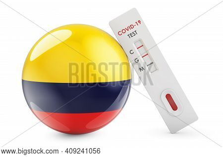 Diagnostic Test For Coronavirus In Colombia. Antibody Test Covid-19 With Colombian Flag, 3d Renderin