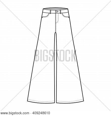 Jeans Baggy Wide Pants Denim Technical Fashion Illustration With Full Length, Low Waist, Rise, 5 Poc