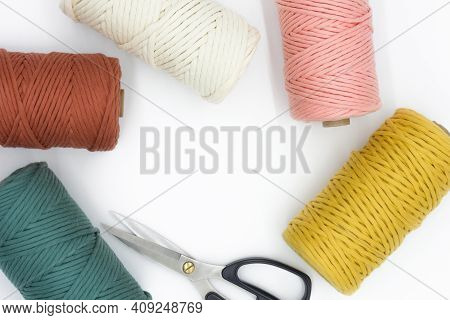 Close-up View Of The Colorful Single Strand Cotton Cords And Scissor For Macrame Diy Handcraft Isola
