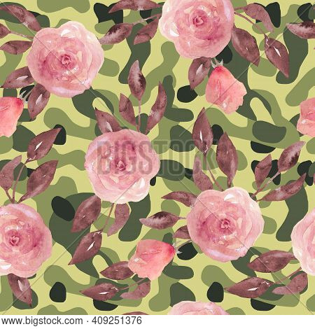 Floral Camo Camouflage Seamless Pattern With Pink Roses Flowers. Military Army Design, Textile For M