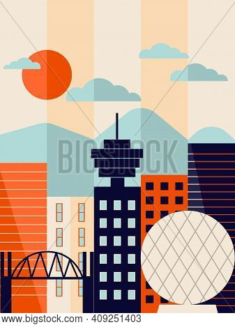 Vancouver Cityscape With Mountains And Main Sights