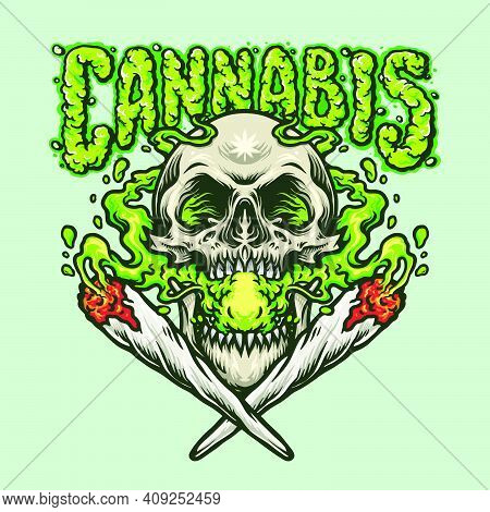Smoking Skull Cannabis Joint Illustrations For Your Work Logo, Mascot Merchandise T-shirt, Stickers 