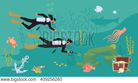 Scuba Diving Man And Woman On The Sea Bottom Found Open Treasure Chest Of Gold. Marine Predators And