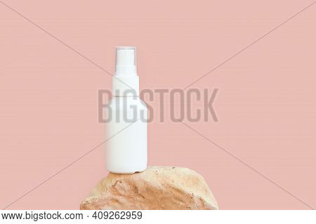 Front View And Close-up Of Unbranded White Plastic Spray Bottle On Stone. Natural Organic Spa Cosmet