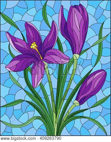 Illustration In Stained Glass Style With Purple Hyacinth Flowers On A Blue Background, Rectangular I