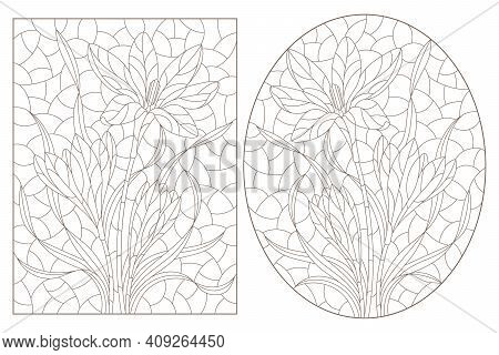 Set Of Contour Illustrations In Stained Glass Style With Hyacinth Flowers, Dark Outlines On A White 