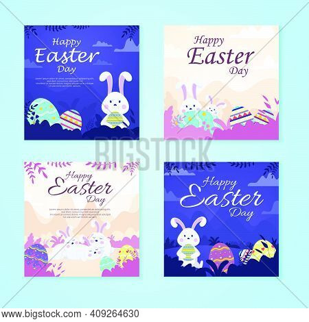 Bundle Vector Happy Easter Illustration With Funny Bunny. Spring Nature, Flowers, Ornate Easter Egg.