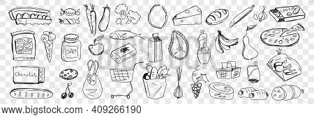 Foods From Grocery Purchase Doodle Set. Collection Of Hand Drawn Fresh Bread Cheese Vegetables Fruit