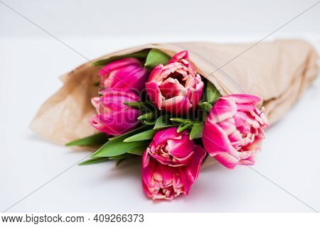 Beautiful Tseti Tulips On A Gray Background