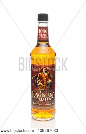 IRVINE, CA - JANUARY 4, 2018: Captain Morgan Long Island Iced Tea. The drink is made with with spiced rum, vodka, tequila, gin, triple sec and sour mix. 