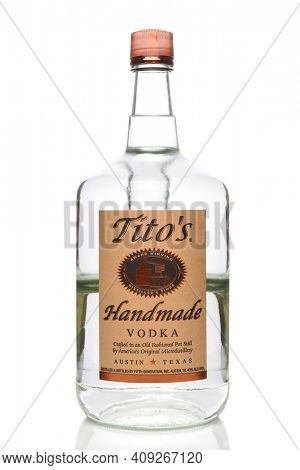 IRVINE, CALIFORNIA - JUNE 28, 2019: A 1.75 liter bottle of Titos Handmade Vodka, crafted in an Old Fashioned Pot Still in Austin, Texas.