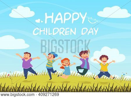 International Children Day, Children Jumping On Summer Meadow, Colorful Illustration Free Vector