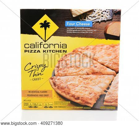 IRVINE, CA - SEPTEMBER 12, 2014: A box of California Pizza Kitchen's Frozen Four Cheese Pizza. CPK specializes in innovative and non-traditional pizzas launching is frozen line in 2000. 