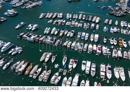 Aberdeen, Hong Kong 24 August 2020: Drone fly over Hong Kong typhoon shelter in aberdeen