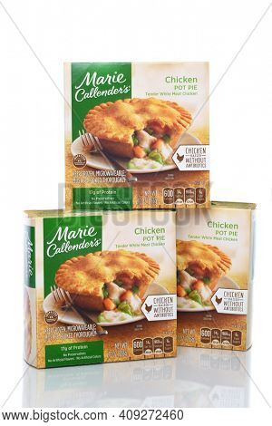 IRVINE, CALIFORNIA - 8 APRIL 2020: Three boxes of Marie Callenders Chicken Pot Pie. 