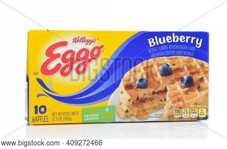 IRVINE, CALIFORNIA - AUGUST 14, 2019: A package of Eggo Frozen Blueberry Waffles, from Kellogg.