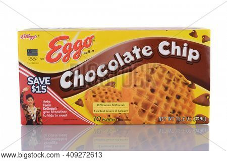 IRVINE, CA - January 29, 2014: A package of Eggo Chocolate Chip Waffles. When first introduced the product it was called Froffles, for Frozen Waffles and later renamed Eggo due to their eggy flavor.