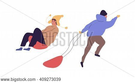 Happy Children Sledding On Sledges. Kids Having Fun During Winter Activity. Boys Sliding On Sleighs 