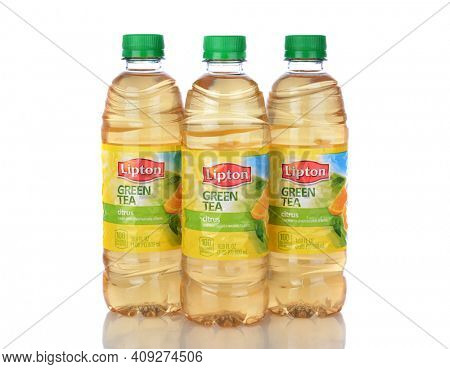 IRVINE, CA - January 05, 2014: Three 500ml bottles of Lipton Green Tea with Citrus. Iced tea makes up about 85% of all tea consumed in the United States.