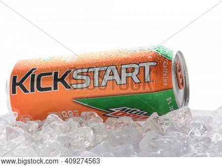 IRVINE, CA - FEBRUARY 7, 2015: A can of MTN Dew Kickstart Orange Citrus breakfast drink. From PepsiCo Kickstart is marketed as a healthier way to start your day rather than energy drinks.