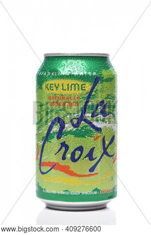 IRVINE, CALIFORNIA - 20 DEC 2019: A single can of La Croix Key Lime Sparkling Water with condensation isolated on white with reflection.