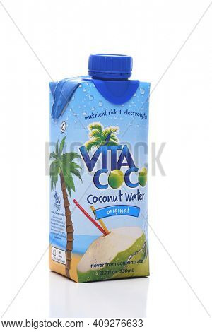 IRVINE, CALIFORNIA - JULY 5, 2019:  A paper box of Vita Coco Coconut Water. Started in New York, sourcing coconuts for Sri Lanks, Brazil and the Philippines.