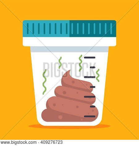 Plastic Transparent Jar With Human Excrement For Medical Tests. Flat Vector Illustration.