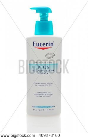 IRVINE, CA, JAN 31, 2011: Single 21oz pump bottle of Eucerin Dry Skin Therapy Lotion on a white background.