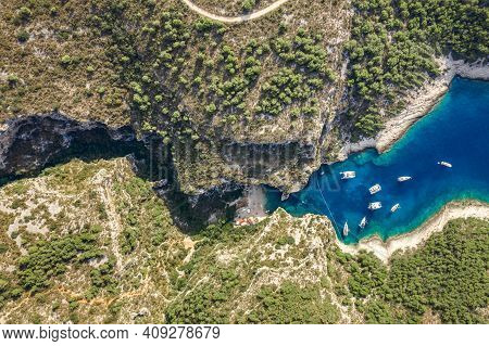 Aerial Overhead Drone Shot Of Stiniva Covert Cove Beach In Adriatic Sea On Vis Island In Croatia In 