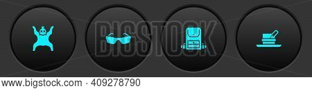 Set Bear Skin, Glasses, Hiking Backpack And Hunter Hat With Feather Icon. Vector