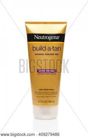 IRVINE, CALIFORNIA - AUGUST 20, 2019: A 6.7 ounce tube of Neutrogena build-a-tan, gradual sunless tan lotion. 