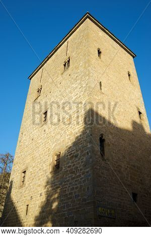 Medieval tower, known as the prison tower or clock tower, in the city of Jaca, Pyrenees, Huesca province, Aragon in Spain.