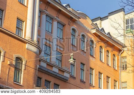 Fragments Of The Facade. Ancient Buildings. Scandinavian Architecture. Helsinki, Finland. High Quali