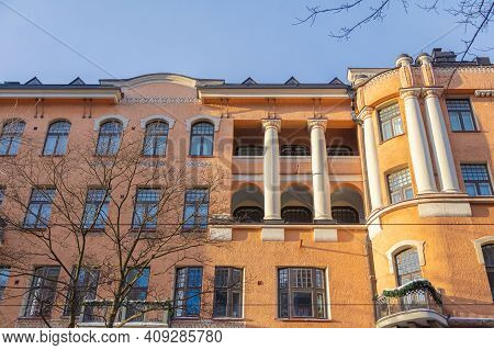 Fragments Of The Facade. Ancient Buildings. Scandinavian Architecture. Helsinki, Finland. High Quali