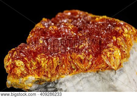 Macro Mineral Stone Orpiment On Black Background Close Up