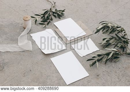 Summer Wedding Stationery, Birthday Mock-ups. Blank Greeting Cards, Invitations Set. White Silk Ribb