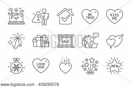 Be True, Holiday Presents And Kiss Me Line Icons Set. Airplane Travel, Heart And Love Him Signs. Mal