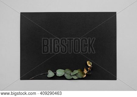 Black Invitation Card Mockup With A Dried Grass Decoration On A Neutral Table. Black Pape 5x7 Ratio,