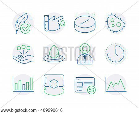 Science Icons Set. Included Icon As Medical Tablet, Time, Fuel Energy Signs. Bacteria, Column Chart,
