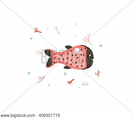 Hand Drawn Vector Stock Abstract Flat Cartoon Graphic Illustration With Tropical Summer Ocean Underw