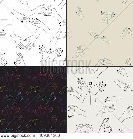Hand Gestures Vector Pattern. Linear Human Hands. Digital Paper Set