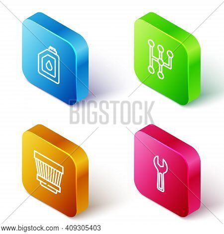 Set Isometric Line Canister For Motor Oil, Gear Shifter, Car Air Filter And Wrench Spanner Icon. Vec
