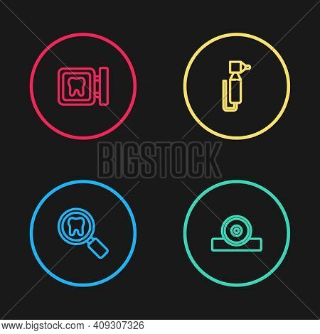 Set Line Dental Search, Otolaryngological Head Reflector, Tooth Drill And Clinic Location Icon. Vect
