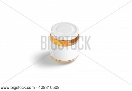 Blank Small Glass Jar With Label And Honey Mockup Stand, 3d Rendering. Empty Glassware With Sweetie 