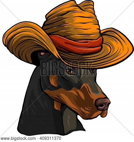 Dobermann Dog Face With Hat Vector Illustration