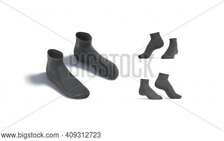 Blank Black Ancle Socks Pair Mockup, Different Views, 3d Rendering. Empty Low Cut Underwear Garment 