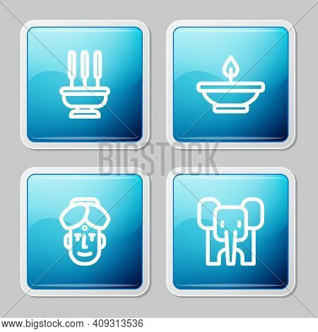 Set Line Incense Sticks, Aroma Lamp, Indian Man And Elephant Icon. Vector