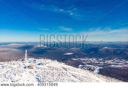 Sheregesh Ski Lift Resort In Winter, Landscape On Mountain And Hotels, Aerial Top View Kemerovo Regi