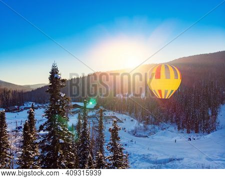 Panorama Sheregesh Ski Resort In Winter, Landscape On Mountain And Balloon, Aerial Top View Kemerovo